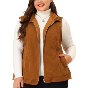 Agnes Orinda Plus Size Sleeveless Vests for Women Casual Zipper Side Pocket Corduroy Vests (2X, Caramel)