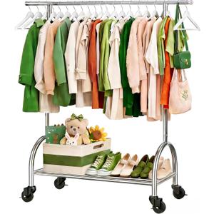 Upgraded 100% Stainless Steel Heavy Duty Clothing Rack, 450 LBS Load Capacity Extendable Adjustable Rolling Clothing Rack with Larger Sturdy Wheels & Shelves, Portable Hanging Closet Rack