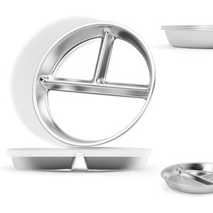 Stainless Steel Kids Plates with Lid 2 Packs, Deepened 9" Portion Control Plate Divided Plate for Adults Bariatric Weight Loss & Diabetic Diet, Non Toxic Unbreakable Toddlers Lunch Dishes