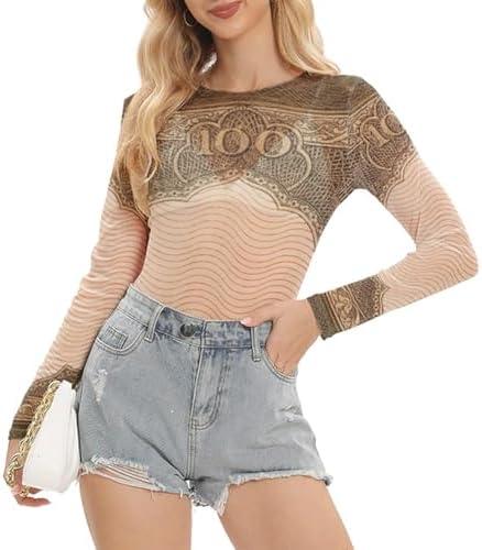 Kasopp Women Mesh Printed Crop Top Shirt Long-Sleeved Slim Cool T-Shirts Modern Punk Street Tops size S