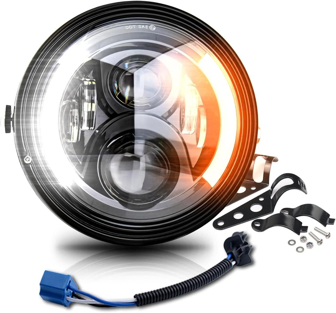 7 inch LED Round Motorcycle Headlight DOT Approved with Housing Bucket Turning Signals DRL Mount Bracket Projector Hi/Low Beam 7" Headlight for H-arley Davidson dyna Honda Suzuki Yamaha