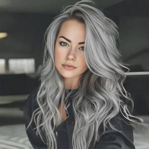 Aisaide Long Wavy Gray Layered Wig with Curtain Bangs for Women Synthetic Highlight Grey Layered Wavy Shaggy Gray Wigs for Women 24inch (Sliver Grey)