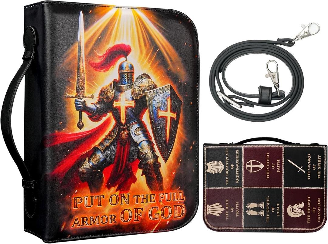 Armor of God Bible Cover for Boys Men Kids, Leather Bible Covers Carrying Case Bag with Shoulder Strap, Religious Christian Pastor Appreciation Gifts for Men, XL