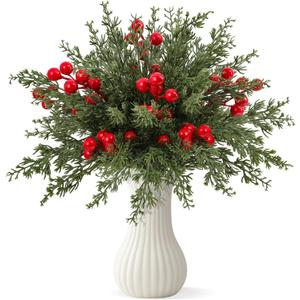 Dapclca 50 Pcs Christmas Artificial Pine Branches with Red Berry Stems, 10.5" Faux Evergreen Norfolk Pine Cypress Leaves Stems- Fake Foliage Pine Needles Picks for DIY Craft Garland Home Dcor