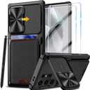 for Samsung Galaxy S24 Ultra Case with Card Holder Slide Camera Lens Protection & Kickstand, Rugged Silicone Military Grade Shockproof Heavy Duty Cover for Samsung S24 Ultra 5G 2024 Phone Case (Black)