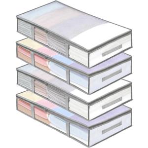 4 Packs Under Bed Storage Containers Bins, Humid-Proof Plastic Underbed Storage Bins, Closet Organizers and Clothes Storage Bags, Under the Bed Blanket Storage with Handles for Clothes,Bedroom