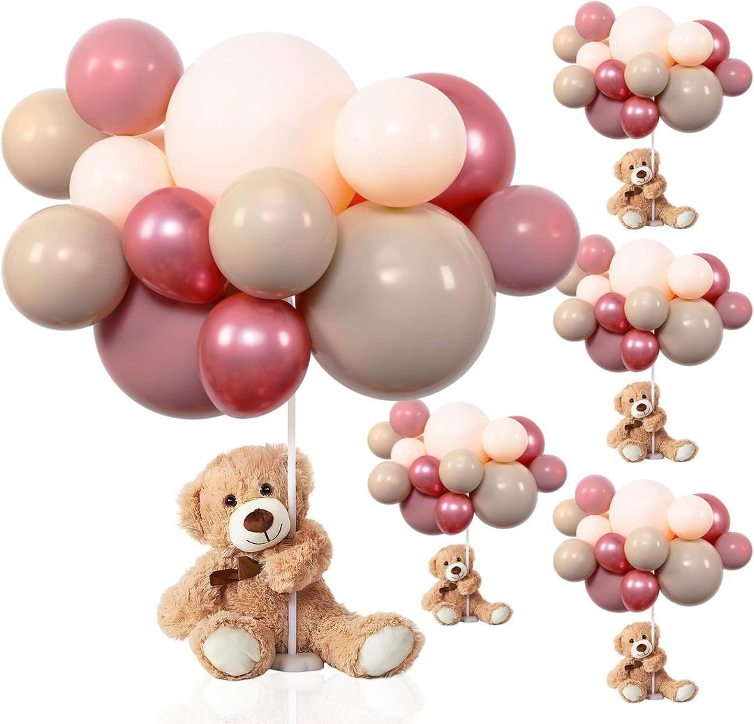 Meooeck 185 Pcs Bear Baby Shower Party Decorations Table Centerpieces 5 Pcs 13. 5'' Gender Reveal Bears 180 Balloons Kit Baby Shower Table Decor for Birthday Wedding(Dusty Pink, Rose Gold, Peach)