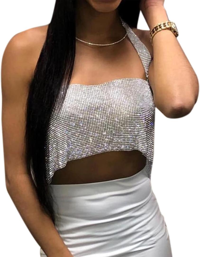 Women Sexy Sparkly Rhinestone Rave Crop Tops Sleeveless Tank Top Shirt Body Jewelry for Club Festival Dance (Halter Silver)