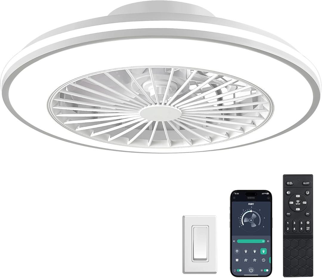 Smart Kids Ceiling Fans with Lights and Remote, Low Profile Ceiling Fan with Light, Flush Mount Bladeless Modern Ceiling Fans, Bedroom Fan bladeless Ceiling Fan (White)
