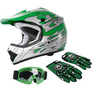 XFMT DOT Youth Kids Motocross Offroad Street Dirt Bike Helmet Youth Motorcycle ATV Helmet with Goggles Gloves Green Flame XL