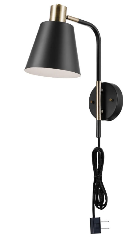 Globe Electric 51374 Novogratz x Globe 1-Light Plug-In or Hardwire Wall Sconce, Matte Black - Antique Brass Accents, Black Cloth Cord