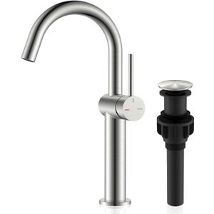 KENES Brushed Nickel Vessel Sink Faucet, Single Handle Tall Bathroom Faucet Single Hole, Modern Bathroom Vanity Faucet with Pop Up Drain and Supply Lines, KE-9005C