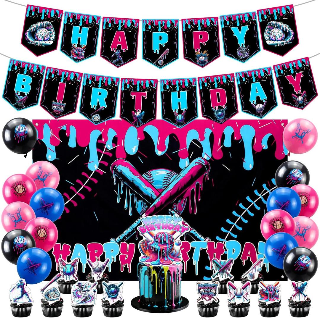 SmoothNovelty 31 Pcs Ice Cream Drip Baseball Birthday Party Decorations Set Baseball Ice Cream Theme Banner Backdrop Balloons Cake Topper Cupcake Topper for Sport Teams Birthday Theme Party Supplies