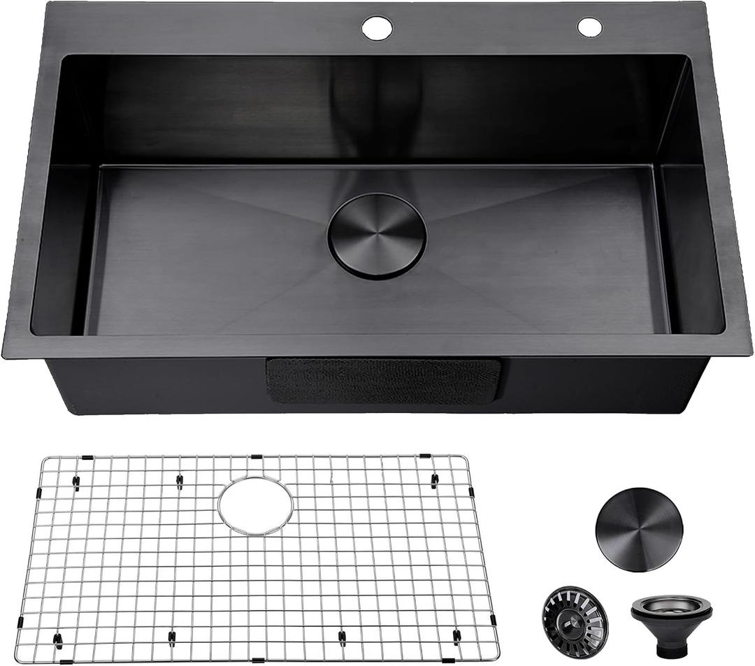 VESLA HOME 30 inch Drop in Black Kitchen Sink, Single Bowl Stainless Steel Handmade Topmount Kitchen Sinks with Dish Grid and Drain
