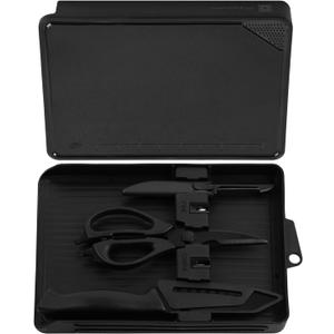 Mitsuharu 5 in 1 Camping Cutting Board Set with Santoku Knife,Separable Shears,Peeler & Slicing Knife and Sharpening Slots,Portable Camper Accessories Kitchen Set, Black