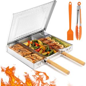 Grill Basket Set,Removable Wooden Handle,BBQ Vegetable Basket with Easy Open Lid,Food tongs,oil brush,Smoker Grilling Accessories for fish,Outdoor Cooking Camping, Birthday Gifts for Men Dad Husband