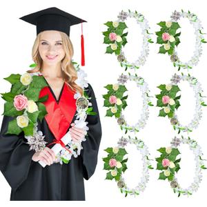 6 Pcs Hawaiian Graduation Lei 47 Inch Class of 2025 Graduation Artificial Flower Lei Rose Leaf Necklaces Wreath Garland Gift for Hawaiian Wedding School Ceremony Luau Party Supplies