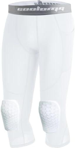 COOLOMG Basketball Leggings with Knee Pads for Kids Youth 3/4 Compression Pants Capri Tights Side Pockets