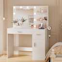 JUMMICO 35.4" Vanity Desk with LED Mirror & Power Outlet, Makeup Vanity Table with 3 Open Storage Shelves, Drawers and Cabinet, 3 Model Adjustable Lights for Bedroom & Dressing Room (White)
