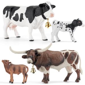 THINKBAY 4PCS Cows Bulls Longhorn Farm Animal Figurines Toys for Kids, Plastic Cow Farm Animals Figures for Boys Girls Include White Holstein & Texas Longhorn and 2 Calfs, Cake Toppers Party Favors