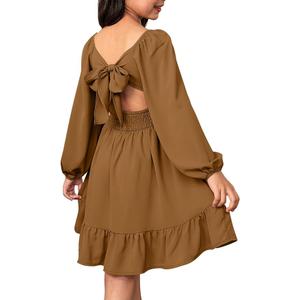 Girls Long Sleeve Tie Back Dress Tween Fall Off Shoulder Dress, Size M, Brown