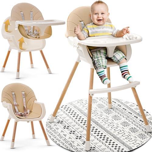 3-in-1 High Chair for Babies and Toddlers - Convertible Wooden Baby Highchair for Eating with Safety Belt, Foldable Baby Feeding Chair with 3-Position Removable Tray, Adjustable Legs (Beige)