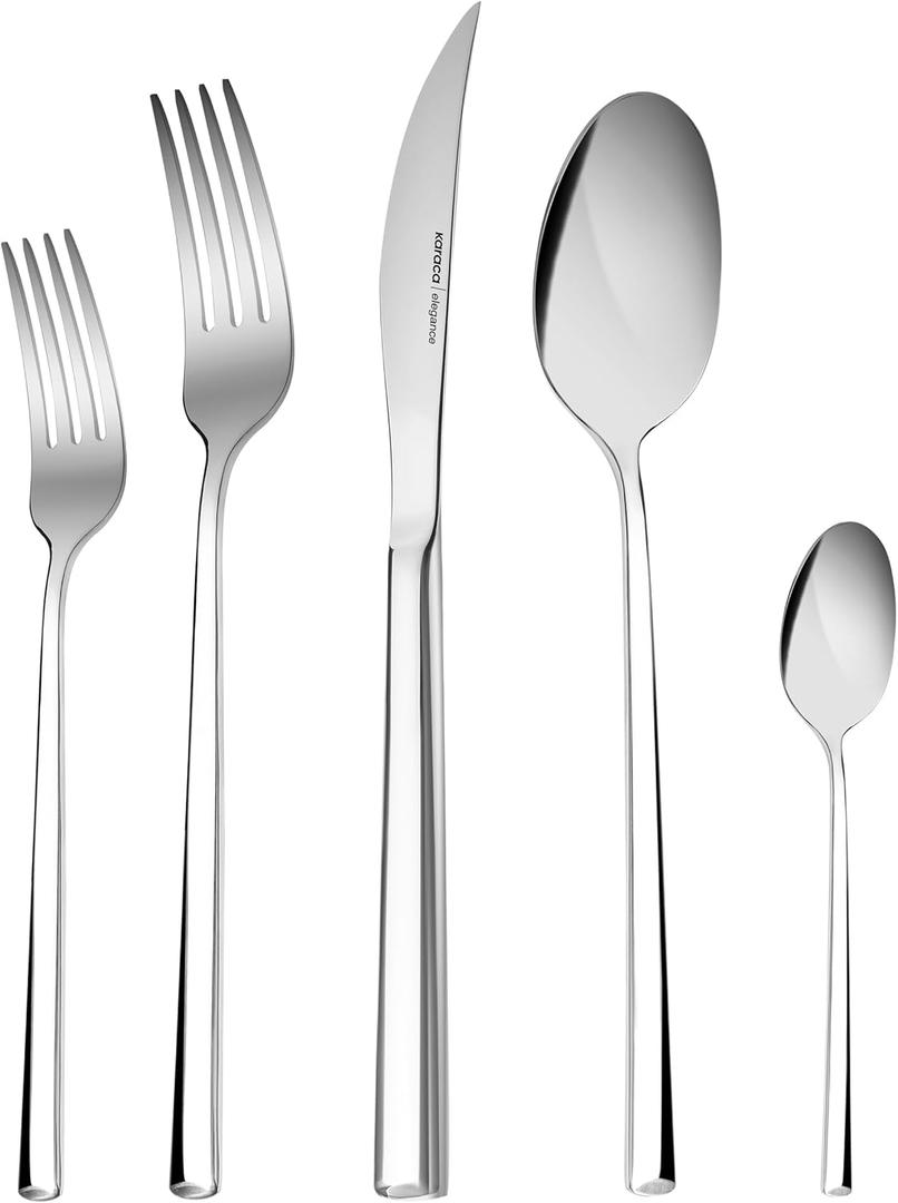 Karaca Tivoli 60 Pieces Cutlery Set for 12 Person - Forks, Spoon, Knives Silverware Sets - Modern Silver Flatware - Stainless Steel Kitchen Utensils Tableware Set - Dishwasher Safe