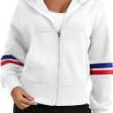 Womens Full Zip Up Long Sleeve Color Block Fleece Cropped Hoodies Winter Gym Running Outing Athletic Sweatshirts (White, M)