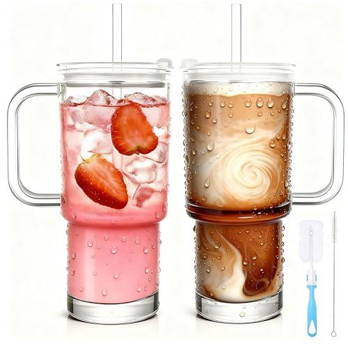 HEGBYIHE 28oz Glass Coffee Cups with Lids and Straw,2 Pack Glass Tumbler with Handle for Cold & Hot Drinks Wide Mouth Travel Mug for Smoothies,Beer,Tea,Juice and Iced Coffee Cups with Lids and Straw