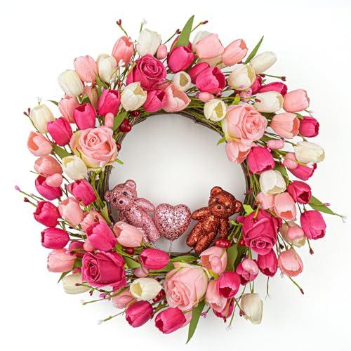 J'FLORU Valentines Day Decorations Romantic Valentines Day Gifts 22 Inch Valentine's Day Wreath with Lovely Bear Heart Roses Tulips for Valentine Party Anniversary Candlelight Dinner