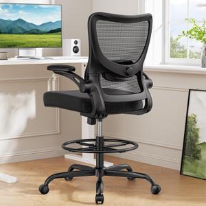 Marsail Drafting Chair, Tall Office Chair with 2D Lumbar Support, Standing Desk Chair with Padded Flip-Up Armrests & Adjustable Footrest Ring, Black