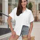 Womens Casual Cotton Linen Button Down Short Sleeve Shirts Solid Summer Beach Blouses Tops with Pocket (White, M)