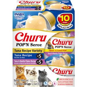 INABA Churu Pop'N Serve Jelly Cat Treat with Vitamin E & Taurine, 1.2 Ounce Cup, 10 Cups, Tuna Variety