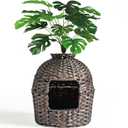 Hidden Litter Box Furniture with Artificial Plants, Handwoven Rattan Cat House with Enclosed Cat Planter Litter Box (Brown)