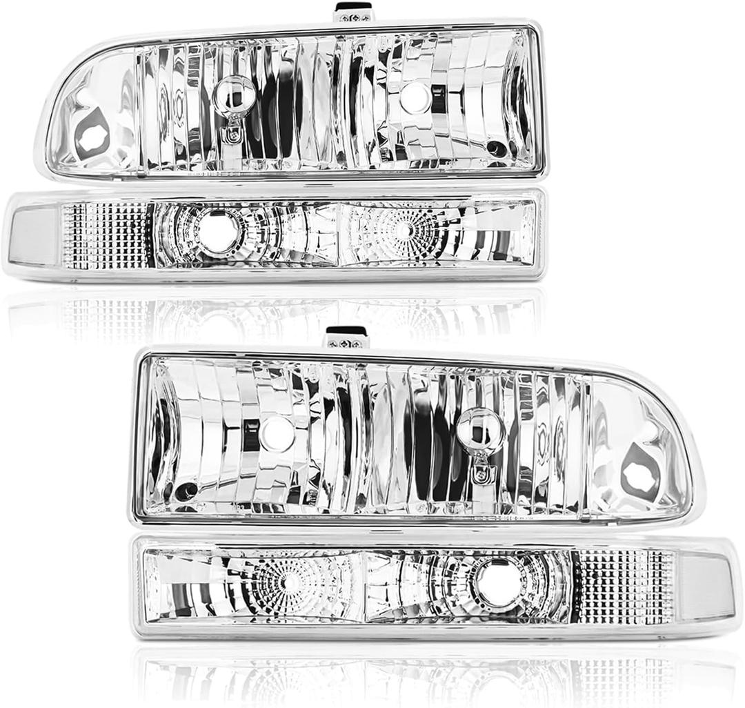 Headlights Assembly Compatible with 1998-2004 Chevrolet S10 Pickup,98-05 Chevy Blazer Halogen Headlamp w/Bumper Lights 4Pcs, Chrome Housing Clear Corner
