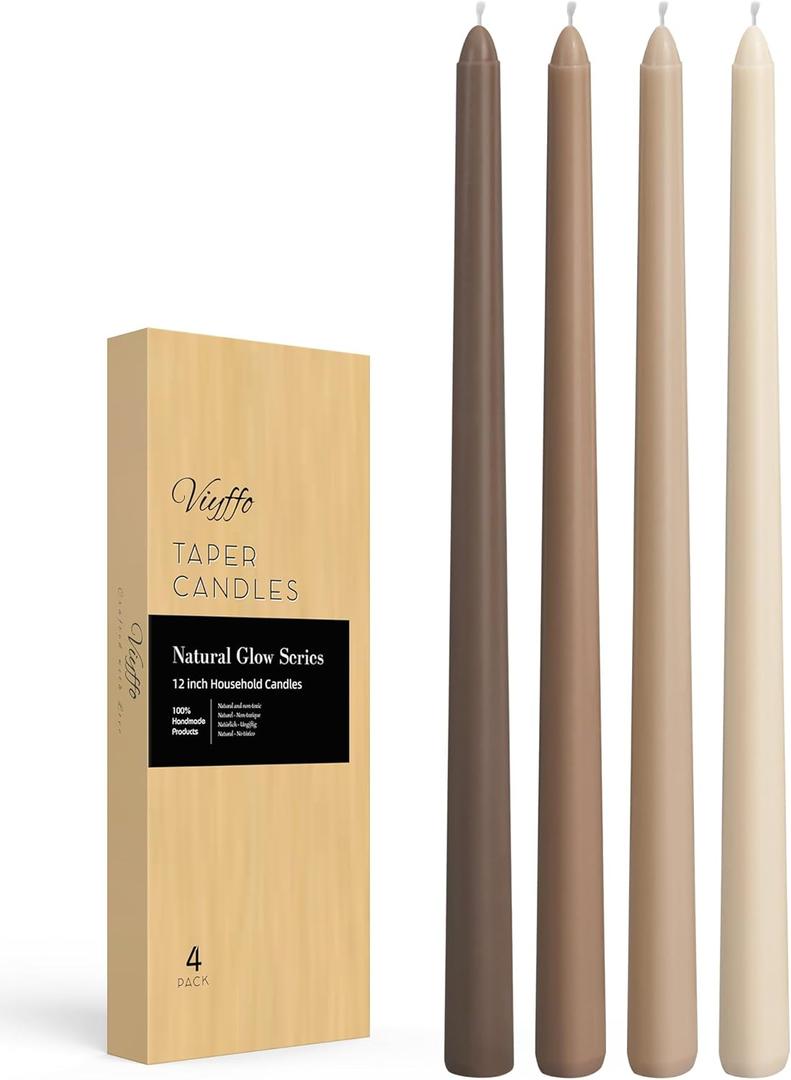 Viyffo Taper Candles 12 Inch 4 Pack Brown, 9 Hour Burn Unscented Dripless & Smokeless Decorative Candles for Dinner, Wedding & Home Decor