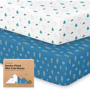 2-Pack Mini Crib Sheets Fitted - 38x26 Pack N Play Sheets for Pack and Play Mattress, Organic Cotton, Soft & Breathable Playard Bedding, Neutral Mini Toddler Bed Cover for Boys, Girls (Space Quest)