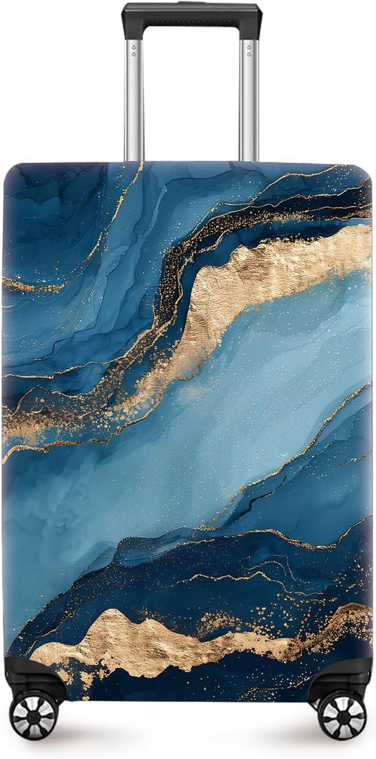 ANNA QUEEN Blue Marble Luggage Cover, Modern Gold Vein Abstract Design Suitcase Protector, Washable Stretchable Travel Sleeve for 32-34 Inch Luggage XL