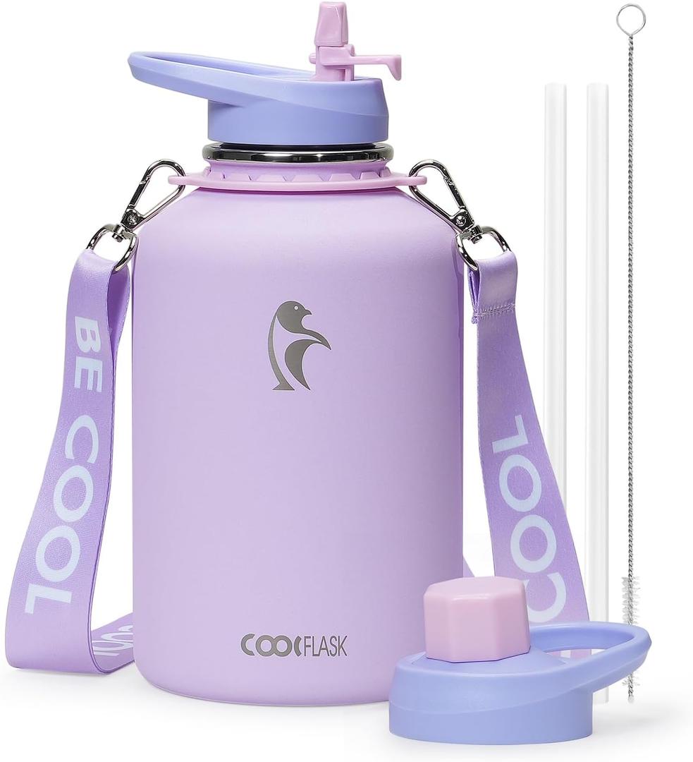 Coolflask Half Gallon Water Bottle with Strap, 64oz Insulated Water Jug Stainless Steel with Straw & Spout Lids, Metal Large Water Flask, Keep Cold 48h Hot 24h, Leak Proof & Non-BPA, Lavender