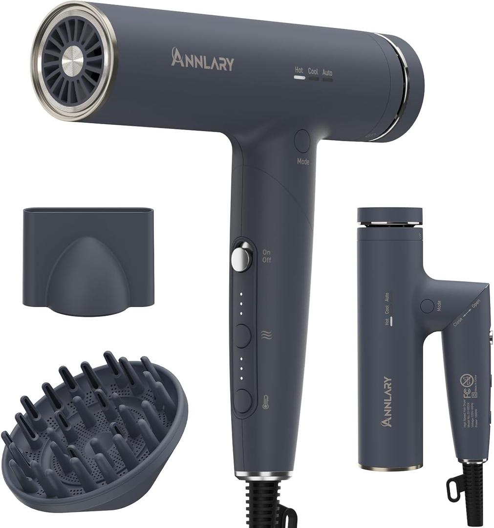 Hair Dryer, Blow Dryer with Diffuser for Curly Hair | Plasma Ionic Hairdryer for Frizz Control | Low Noise | Foldable for Travel | 6.5Ft ALCI Cord | Magnetic Nozzle for Faster Drying (Gray)