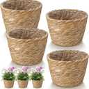 4 Pcs Straw Plant Baskets Indoor Rattan Woven Flower Baskets with Plastic Liner, Cattail Plant Planter for Indoor Outdoor Rustic Boho Home Farmhouse Floor Potted Pots Decor,  S(6.3" Top D X 4.3" Bottom D X 4.3"h)