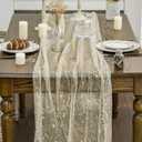 Artoid Mode 6Pcs Beige Gold Gauze Table Runner 120 Inch 10FT, Glitter Metallic Foil Sheer Dining Wedding Anniversary Holiday Birthday Table Decor for Home Party