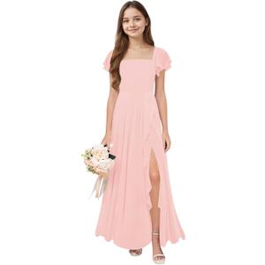 Eightale Blush Pink Junior Bridesmaid Dresses Chiffon Square Neck Long Flower Girl Dress Teen Ruffle Sleeve Maxi Wedding Party Gown 6-16 Years Size 10-11 (Pink)