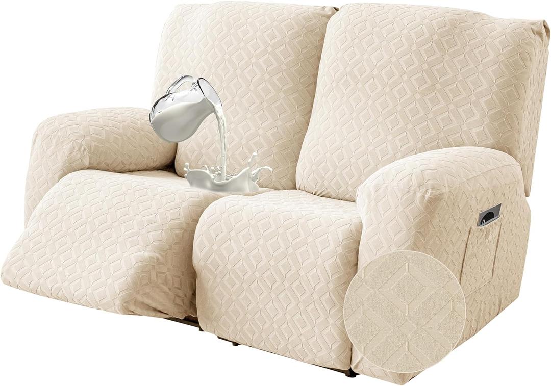 Gennia Waterproof Recliner Loveseat Cover,Stretch Reclining Sofa Covers with Pockets,Washable Lazy Boy Recliner Slipcovers,Leakproof Couch Protector for Kids, Pets, Dog and Cat (2 Seat, Beige)