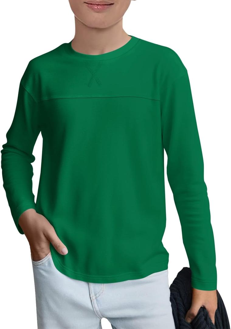Haloumoning Kids Boys Casual T Shirts Long Sleeve Crewneck Loose Fit Tops Basic Tees (Green, 13-14 Years)