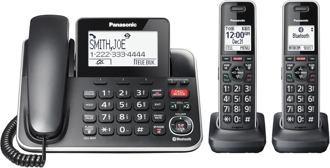 Panasonic Link2Cell Expandable Corded Cordless Phone with Digital Answering System & Smart Call Blocker, One Corded Base Unit and Two Cordless Handsets Black - KX-TGF882B