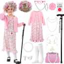 100 Days of School Old Lady Costume Set Grandma Dress Up Cosplay Accessories for Girls 13PCS (L8-10y, Allpink)