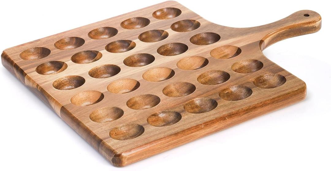 Okllen 30 Holes Reversible Wooden Deviled Egg Platter with Handle, Acacia Wood Deviled Egg Tray Charcuterie Board, Deviled Egg Holder, 17"x13, Brown