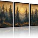 Framed 3pcs Vintage Pine Forest Wall Art Nature Landscape Full Moon Canvas Prints Woodland Picture Poster Misty Forest Paintings Wall decor for Living Room Bedroom Office Ready to Hang16x24 Inch