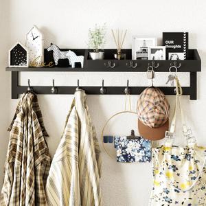 AMBIRD 35 inch Wall Hooks with Shelf, Coat Rack Wall Mount, Large Coat Hanger for Wall, Entryway Shelf with 7 Dual Coat Hooks, 4 Key Hooks and Mail Organizer, Wooden Key Holder Rack (Black)